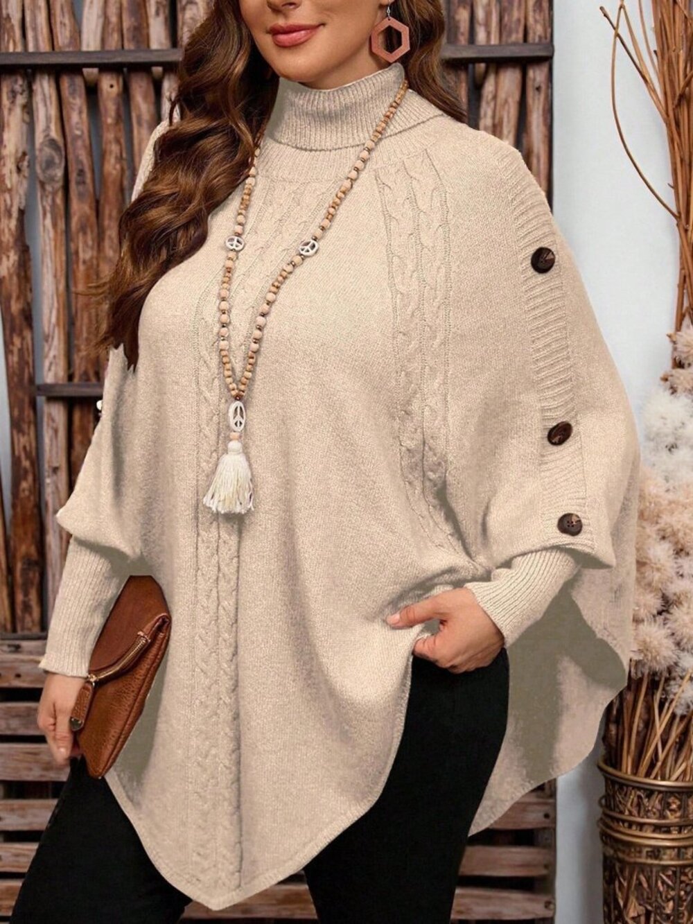 Apricot Casual Women's Knitted Button High Neck Batwing Long Sleeve Sweater